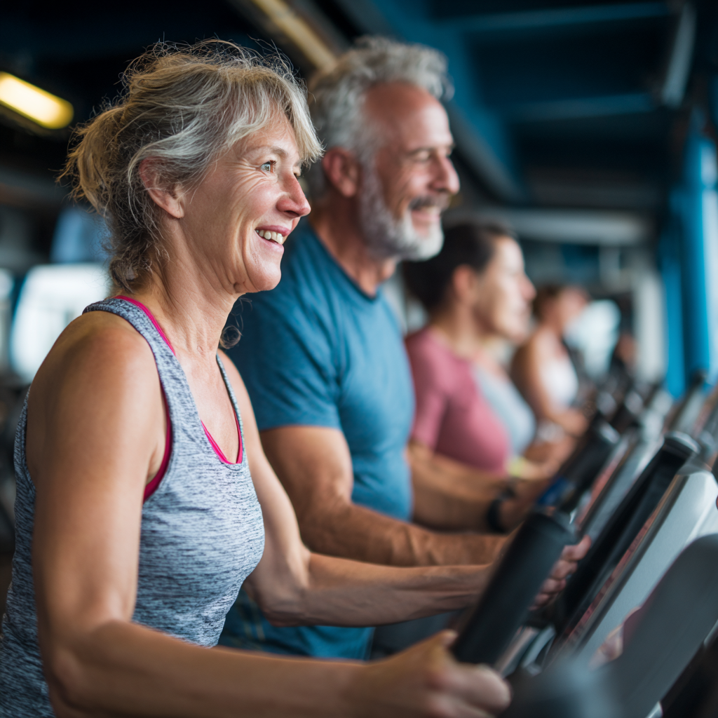 50 years old adults exercising in modern fitness facility