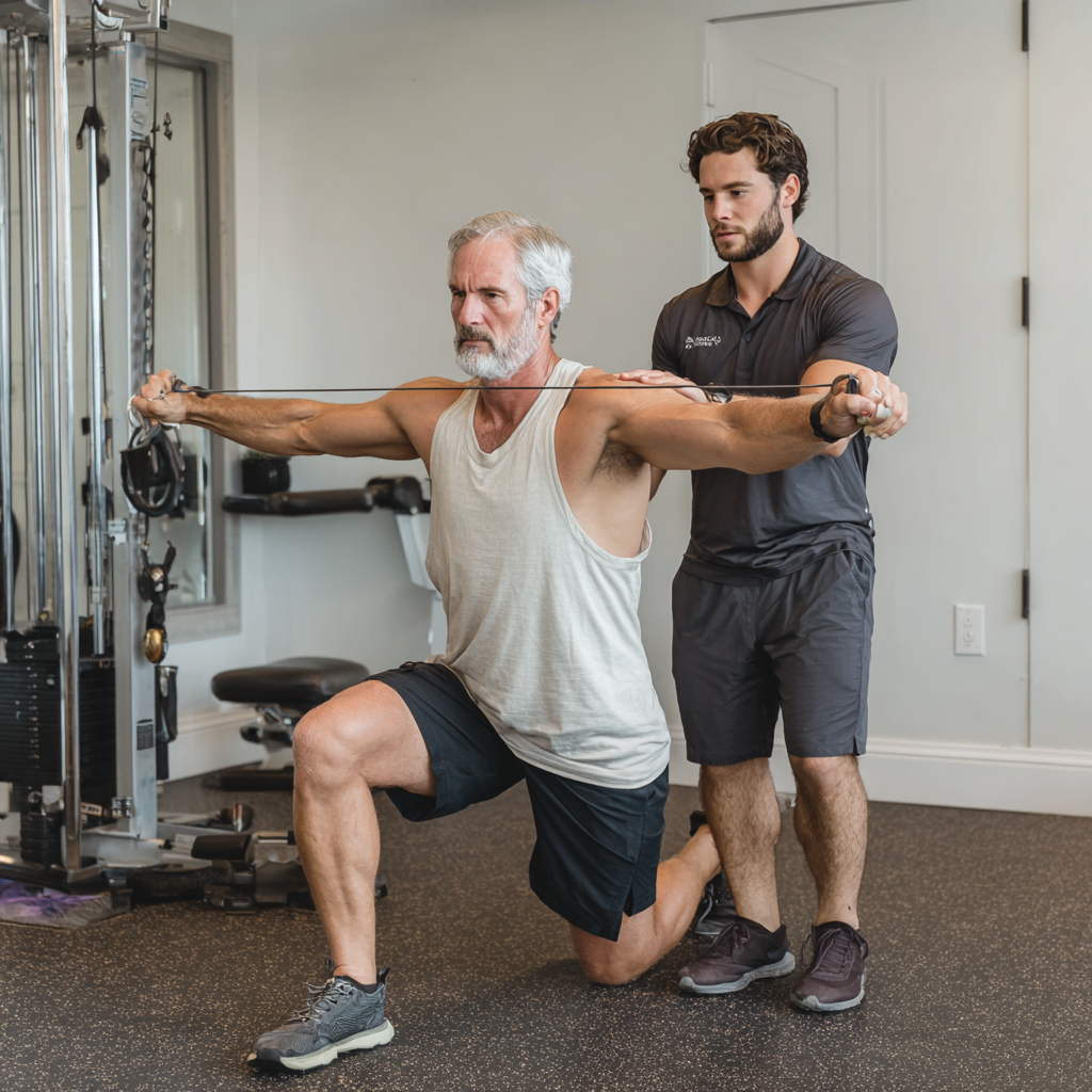 52 years old adult demonstrating strength exercises with professional trainer guidance