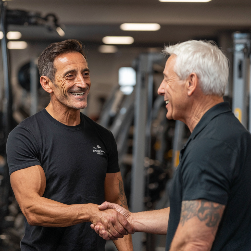 Friendly 53 years old fitness consultants welcoming 50 years old clients at reception